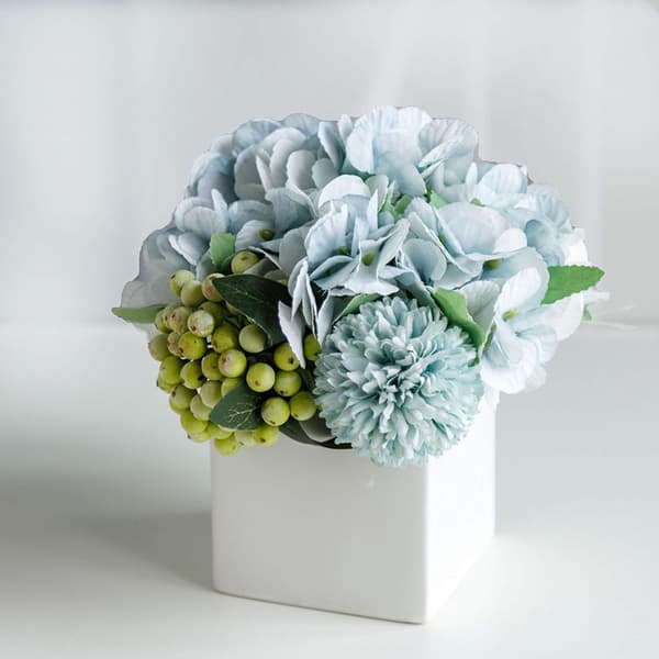 Artificial Peony Flowers in Ceramic Vase, Artificial Hydrangea Flower Arrangements for Home Decor, Artificial Flowers with Vase (Blue)