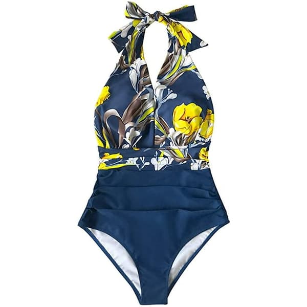 Halter Badedragt Dame, Hel Badedragt, Gul Blomstret, XXL