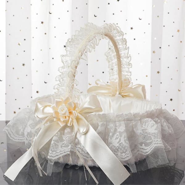 Handmade Decorative Flower Basket with Lace Bow and Foldable Handle - Bridesmaid Basket