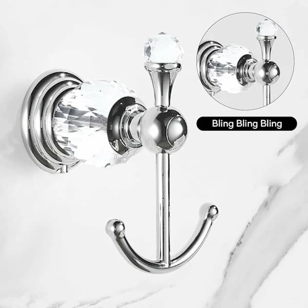 Wall Mounted Double Coat Hook in Zinc Alloy with Crystal and Chrome Finish for Bathroom Kitchen Shower Silver