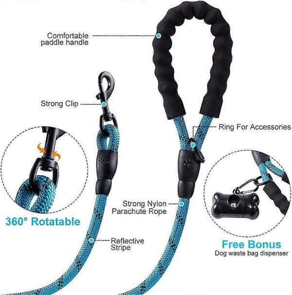 5 FT Strong Dog Leash with Comfortable Padded Handle and Highly Reflective Threads for Medium and Large Dogs (5-FT, Blue)
