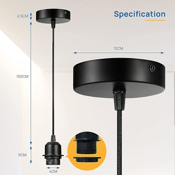 Lampsladd E27 ruuvirenkaalla, 100cm tekstiilijohto korkeussäädettävä, vapaasti valittavissa oleva lampunvarjostin riippuvalaisin E27-kannalla, lamppu H [db]