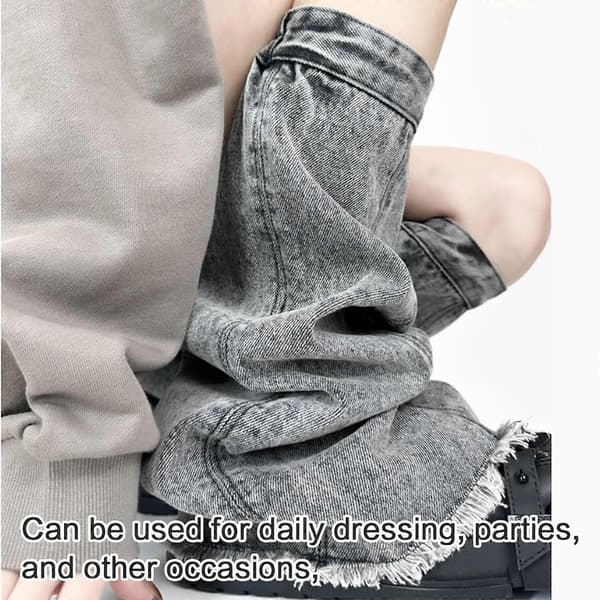 Punk Distressed Trim Jeans Benvärmare med elastiska muddar Harajuku Washed Denims Benöverdrag Lösa utsvängda strumpor för kvinnor Grå Gray
