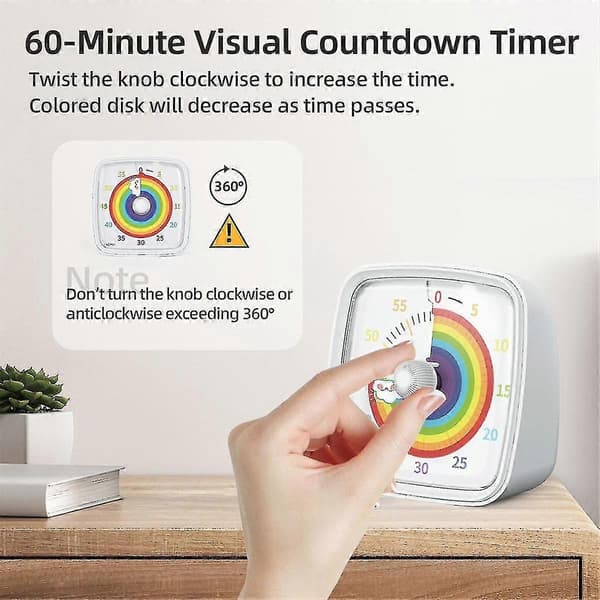 60-minutters visuell timer med nattlys, nedtellingstimer, Pomodoro-timer med regnbuemønster for barn og voksne Hvit-XinHan [DB] Hvit White