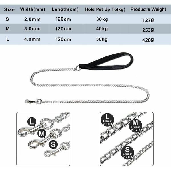 Hundekjede i stål (120 cm) Solid metall hundebånd PU-lærhåndtak - M