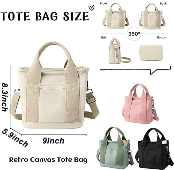 Black Canvas Handbag for Women with Large Capacity and Multiple Pockets