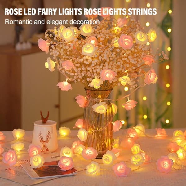 LED-roselys for soveromsdekorasjon, 3 meter med 20 varmhvite roser, batteridrevet