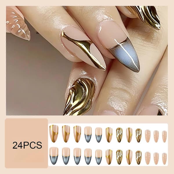 Nude False Nails with Blue Gradient Top Cute and Charming Reusable False Nails 1 1