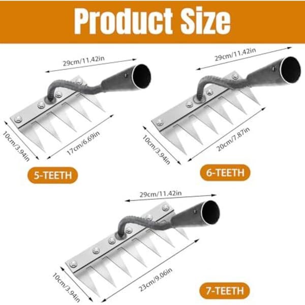 Metal Grass Rake 7-Tooth Garden Tool for Weeding, Loosening, Sowing, Portable Without Handle, Compatible with Garden Tools