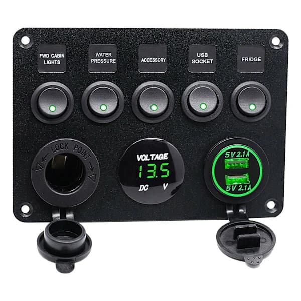 5-veis 12V/24V Inline-sikringsboks LED-bryterpanel Dobbel USB Bil Båt Lastebil