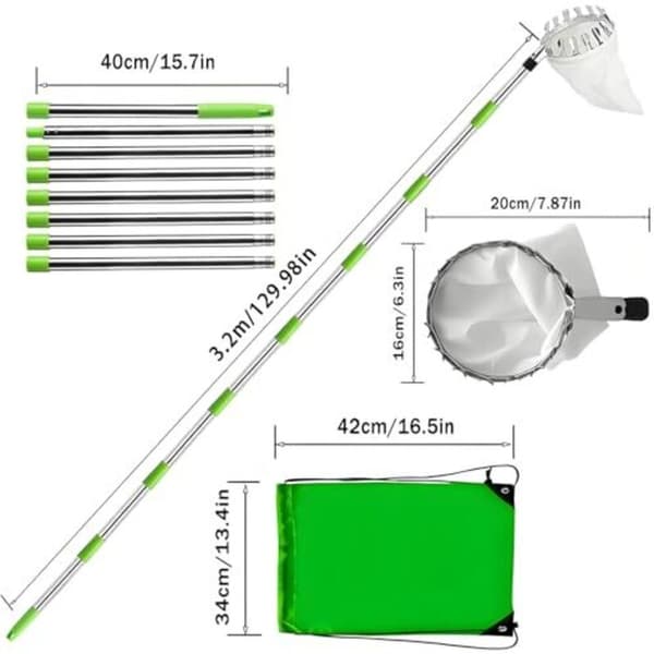 Apple picker with telescopic handle 3.2 m Fruit picker 8 Lightweight stainless steel poles Cotton bag Compatible with apple picking