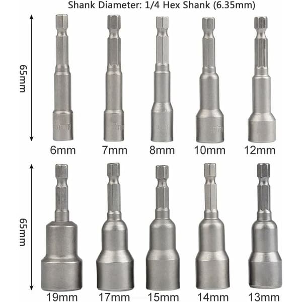 10 dele magnetisk topnøgle: Magnetisk bit til slagnøgle 6-19 mm 1/4\" sekskantet fatningsadapter