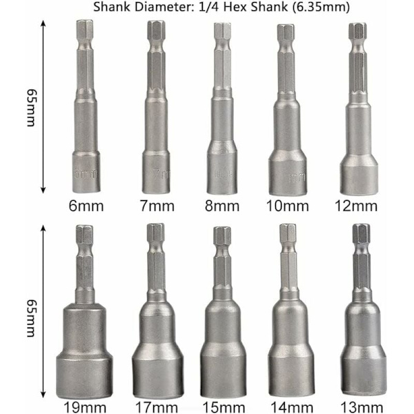 10 Pieces Magnetic Socket Wrench: Magnetic Bits for Impact Driver 6-19mm 1/4\" Hex Socket Adapter
