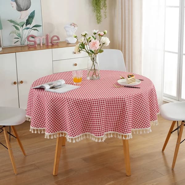 150 cm Tasseled Tablecloth, Round Tablecloth Made of Polyester Cotton, for Dining Table, Coffee Table, Garden Table (Red Plaid)