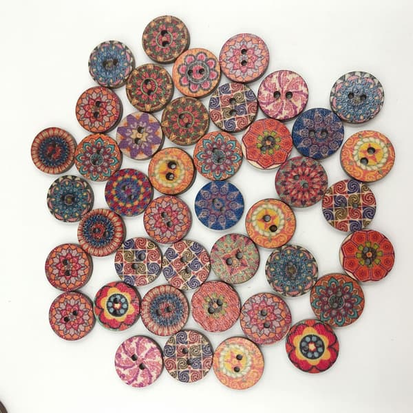 100 antika runda träknappar 20mm färgtryck två ögon trä b