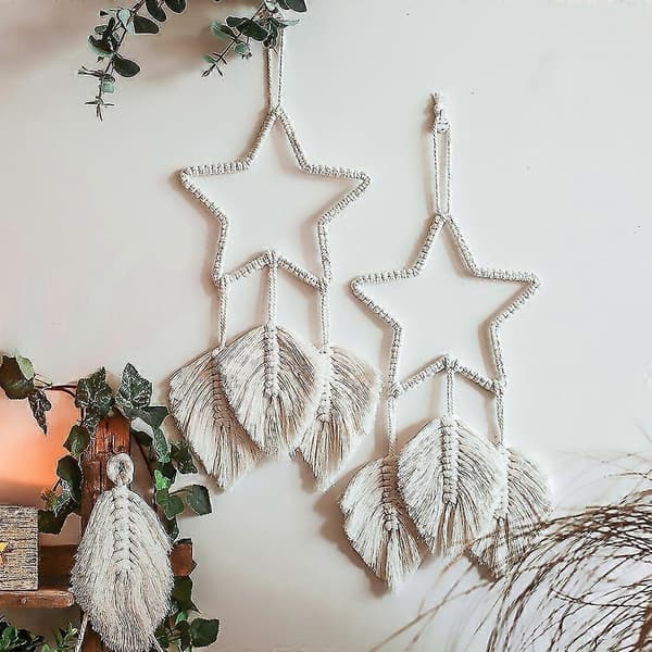 2 stk Makramé Veggdekor Fjær Boho Chic Håndlaget Vevede Blader Dusker Dekorasjon Bohemian Leilighet
