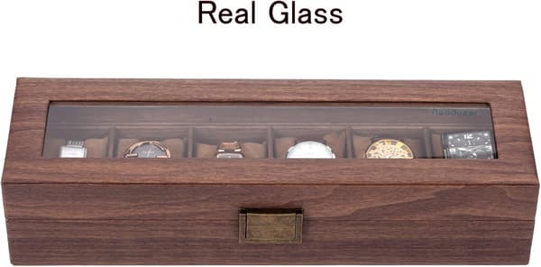 Etui för 6 klockor/display/låda/förvaring för klockor i PU och trä med mönstrat glas