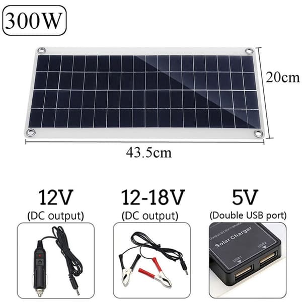 300W Bærbar Solcellepanel Dobbel 12/5V DC USB-lading Vanntett Nødlading Utendørs Batterilader for Bil
