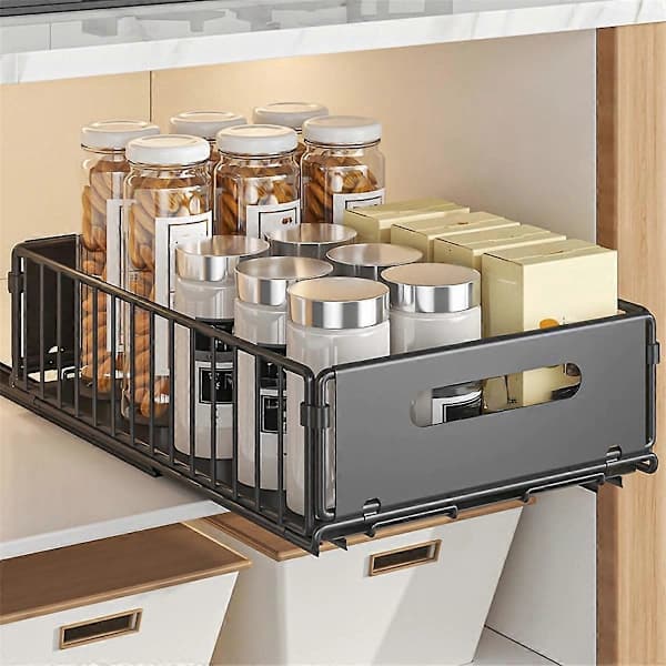 Extendable Kitchen Storage Shelf with Sliding Drawer, Iron Wire Spice and Snack Organizer for Cabinets, as shown style A Low