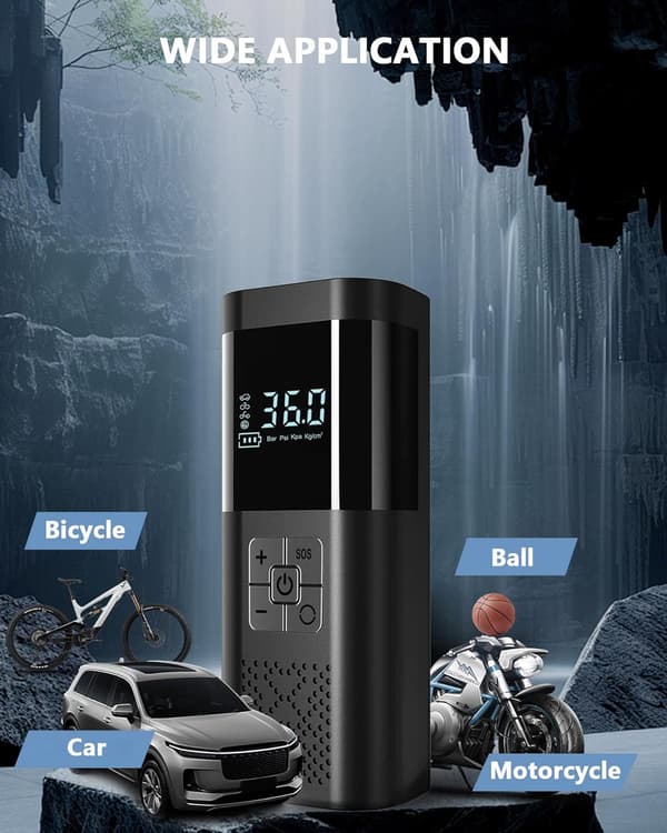 Portable Cordless Air Pump, 150 PSI, Auto Shut-Off Function, Digital Display and LED Light, Black.