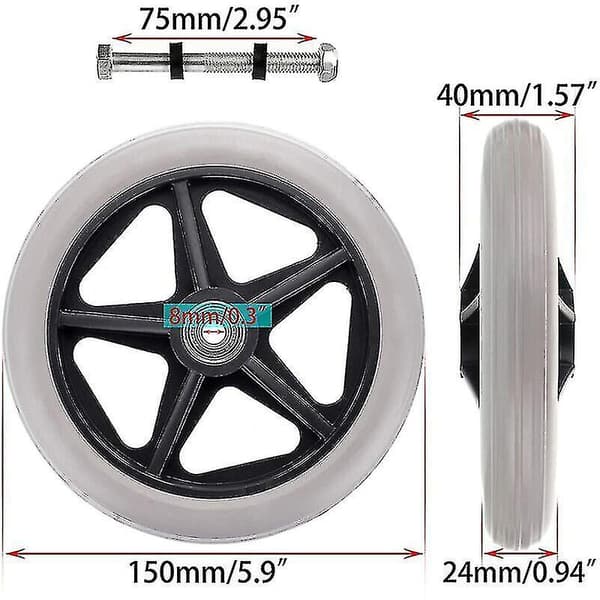 2 stk 15 cm Erstatningshjul i Gummi for Rullestol, Rollator, Gåstol - Universal Hjul-FA-