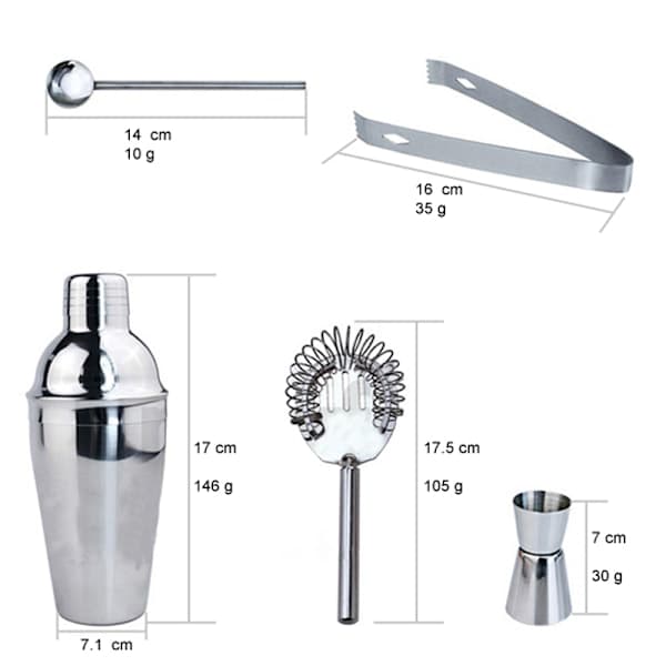 5-delt cocktail sæt, barsæt, shaker 350 ml - Rustfrit stål