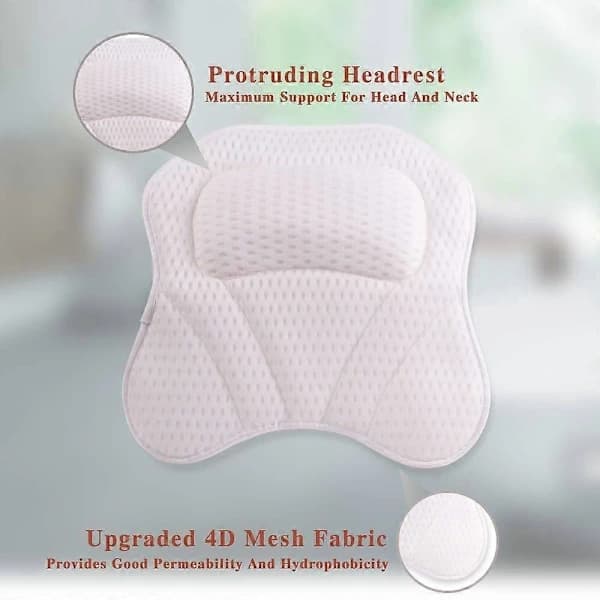 Luxury Bath Pillow, Ergonomic Bathtub Pillow with 4D Air Mesh Technology and 6 Suction Cups, Helps Support Head and Back