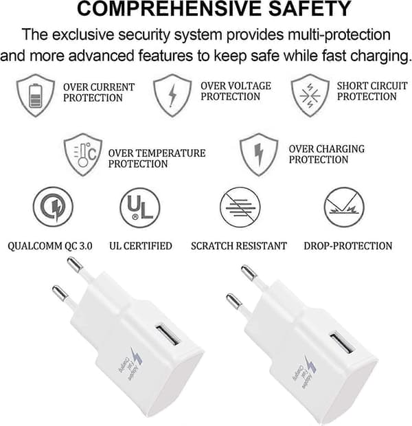 Dww - 2-pak Snabblader USB-adaptere til Samsung S22/S21/S20/S10/S10E/S6/S7/S8/S9/Edge/Plus/Active/A72/A53 5G, Note 5 8, Note 9, Note10/20/