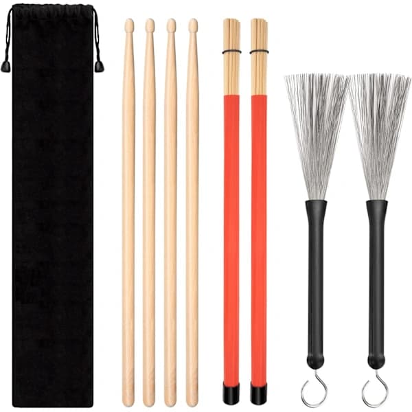 Classic Drum Set, 4 Pairs Maple Drumsticks, Wire Brush and Plug Drums with Storage Bag