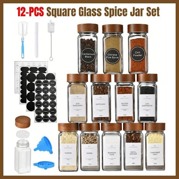 12 Pcs Square Glass Spice Jars, Transparent Storage Containers, Kitchen Spice Organizer