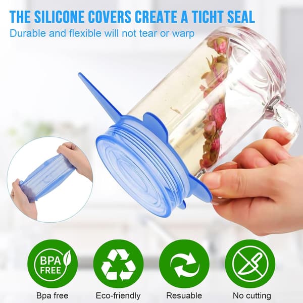 Reusable Silicone Lids 18 Pcs Stretchable Silicone Lids Permanent Food Silicone Lids in 6 Different Sizes for Jars, Bowls, Bottles