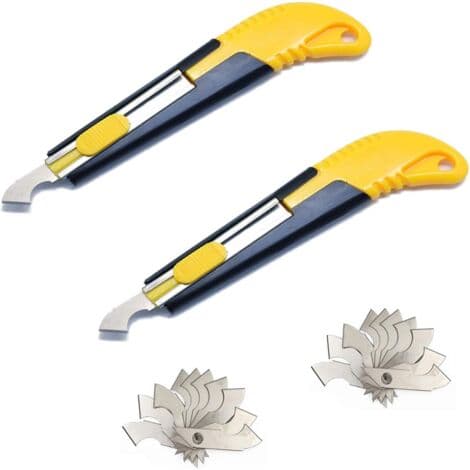 Two snap-off blade knives and glasses, yellow and black, including 20 replacement blades