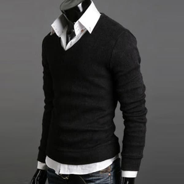 Klassisk V-hals herresweater - Langærmet pullover L Sort