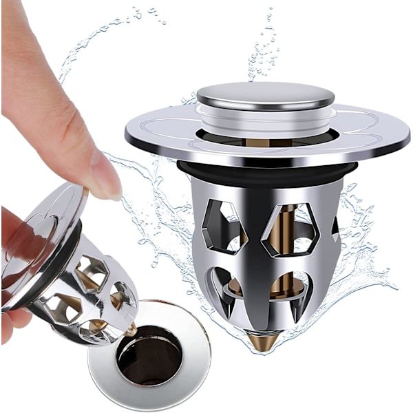 Sett med 2 vaskeplugger, pop-up, for vask, badekar, med sil/a