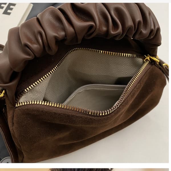 Coffee Brown Suede Small Square Women's Handbag with Pleated Chain