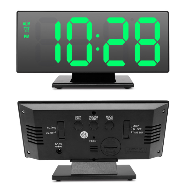 LED Digital klocka HD Spegel Sängbord Elektronisk watch Sovrum Väckarklocka-svart case med grönt ljus