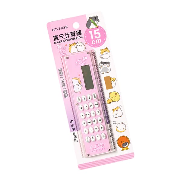 Small Calculator Stylish Cute Ruler Portable Acrylic Material Silicone Buttons External Battery Calculation Tool Pink