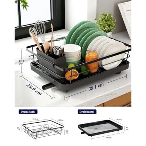 Dish Rack for Kitchen - Compact and Space-Saving Dish Drying Rack, Stainless Steel Dish Drainer with Cutlery Holder, 29.0 x 38.1 x 12.7 cm, White