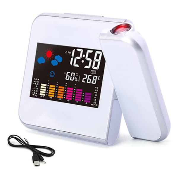 Digital Projection Alarm Clock with Temperature Hygrometer Time Date LCD Display Clock - with USB Cable White