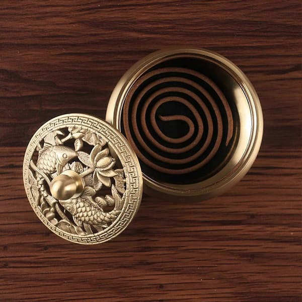 Incense Burner with Lid, Engraved, Electroplated, Decorative Double Fish Pattern, Incense Holder, Home Decor