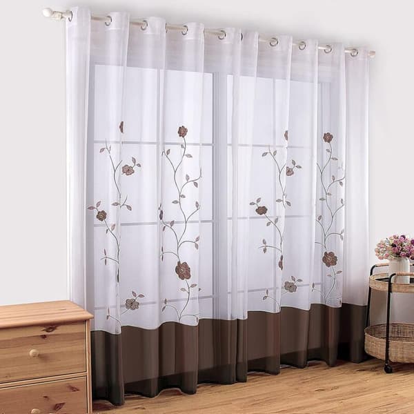1 st blommig broderad gardin med öljetter för sovrum, kök, vardagsrum, 140 cm x 245 cm, solig brun