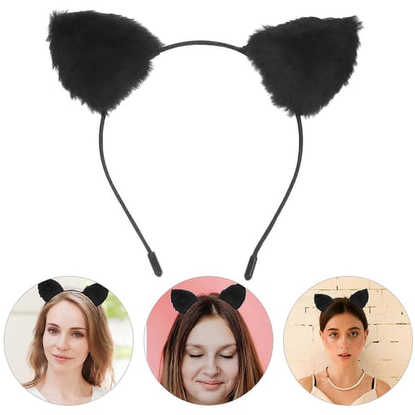 Sort katteøre-pandebånd, lodnet kostumetilbehør til kvinder, Halloween Cosplay-tilbehør 1 stk [DB]