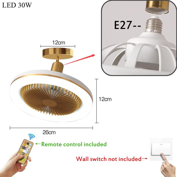 Ceiling Fan with Light, 30W Silent Ceiling Fan Chandelier with Remote Control and E27 Socket, Dimmable LED Ceiling Fans for Bedroom Kitchen Loft, Timer