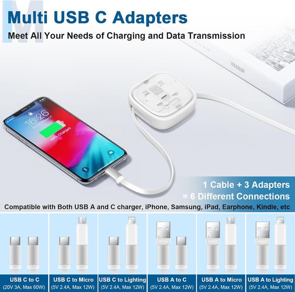 Multi-Charging Cable Storage Box, 3FT 60W Retractable USB C Cable and Adapter Set, Storage Case and SIM Card Removal Tool, White+Black