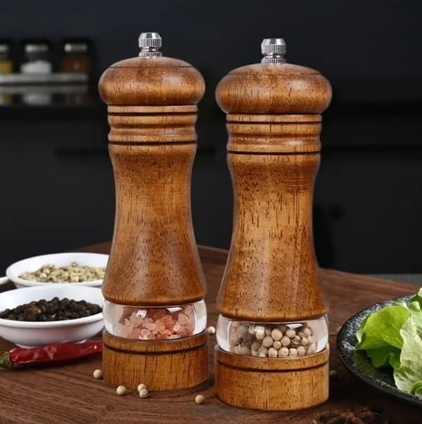 Oak Wood Salt and Pepper Grinder Set, 2-Pack, Manual Adjustable Ceramic Grinder with Acrylic Window, for Kitchen Cooking and Dining Table