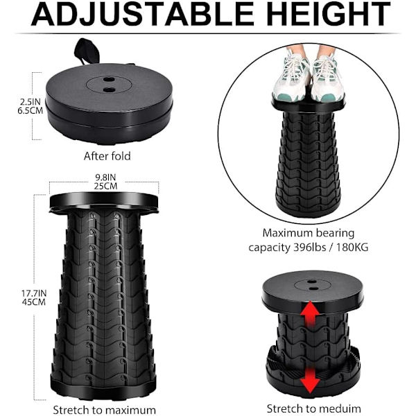 Bærbar foldeskammel, let, men robust med en lastekapacitet på 180 kg, foldbar plastikskammel til camping og fiskeri, sort Black Round