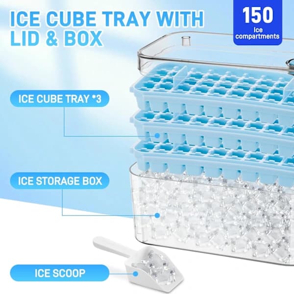[PL】150 Cubes Ice Mold with Lid Including Container, Easily Press to Release Ice, 3 Tiers, Scoop (Blue)