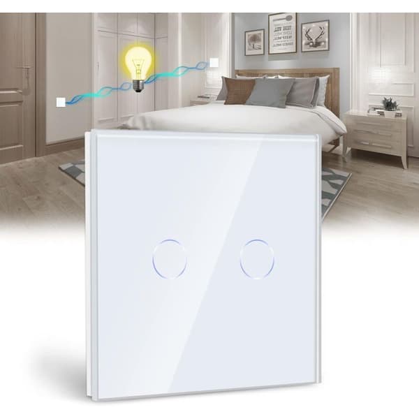 Touch Switch, White 2-Way Light Switch with LED Display Light, Touch Sensor Crystal Glass Panel Touch Switch - No Neutral Wire