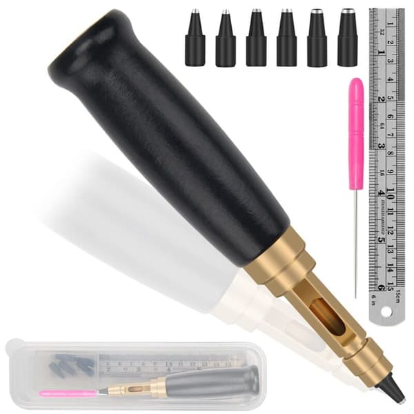 Adjustable Screw Punch, 6 Tip Sizes, Belt Hole Punch, Wooden Handle, Leather Hole Punch Tool for Sewing Black Leather