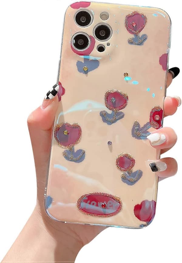 Diamantblomst Blomstret Glitter Bling Glitrende Klart Mykt iPhone-deksel (Hvit, iPhone 13)